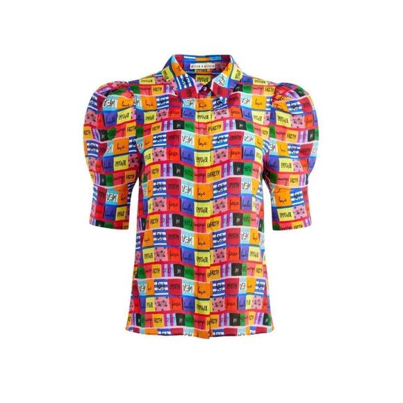 Alice + Olivia Willa Scrunched Puff Sleeve Placket Top/Blouse Size Medium - Picture 2 of 9